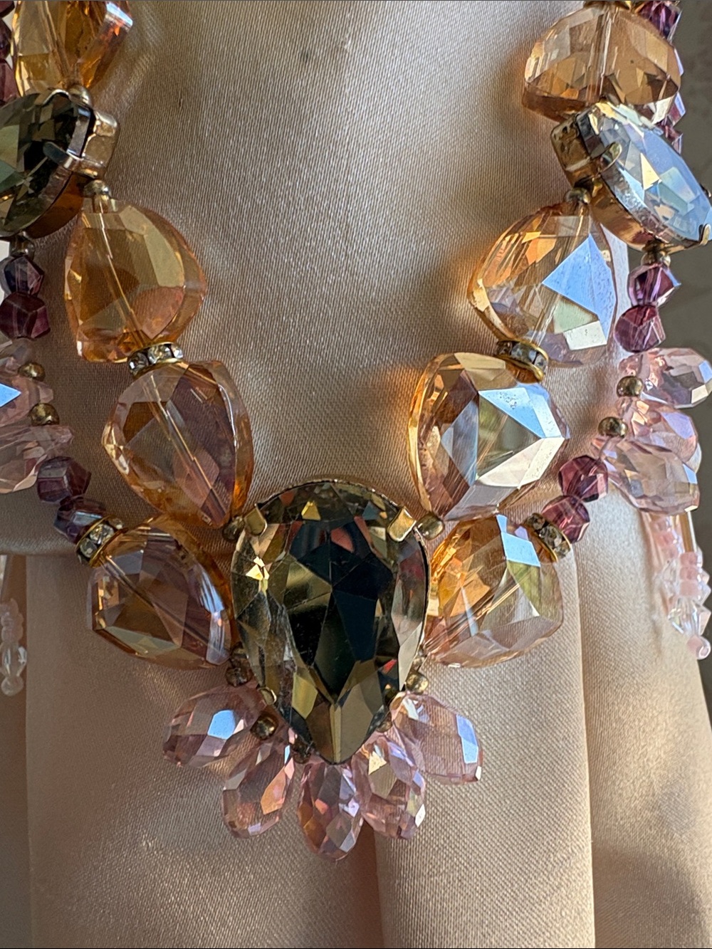 Gold-Tone Statement Necklace with Champagne and Pink Crystals - Picture 7 of 8